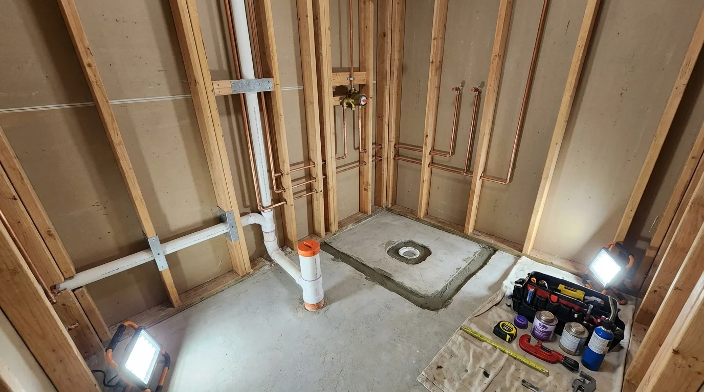 Bathroom rough-in plumbing during remodel by Johns Plumbing LLC in Catonsville