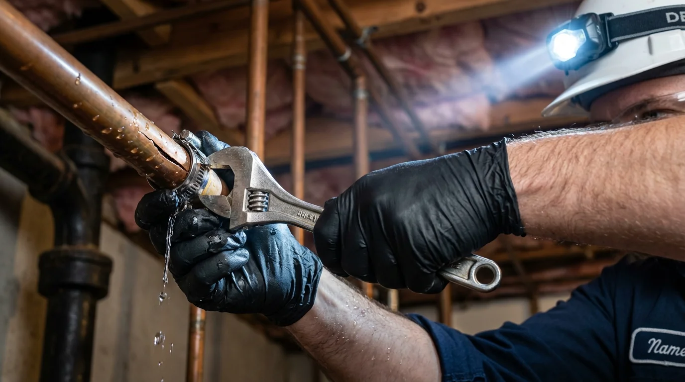 Emergency pipe clamp repair being performed by a Johns Plumbing LLC plumber in Catonsville