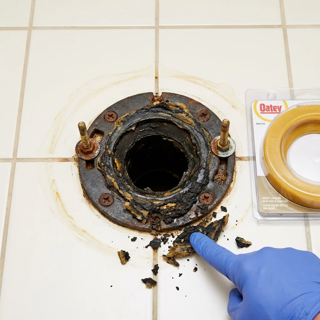 Failed wax ring showing water seepage at the base of a toilet in a Catonsville, MD home