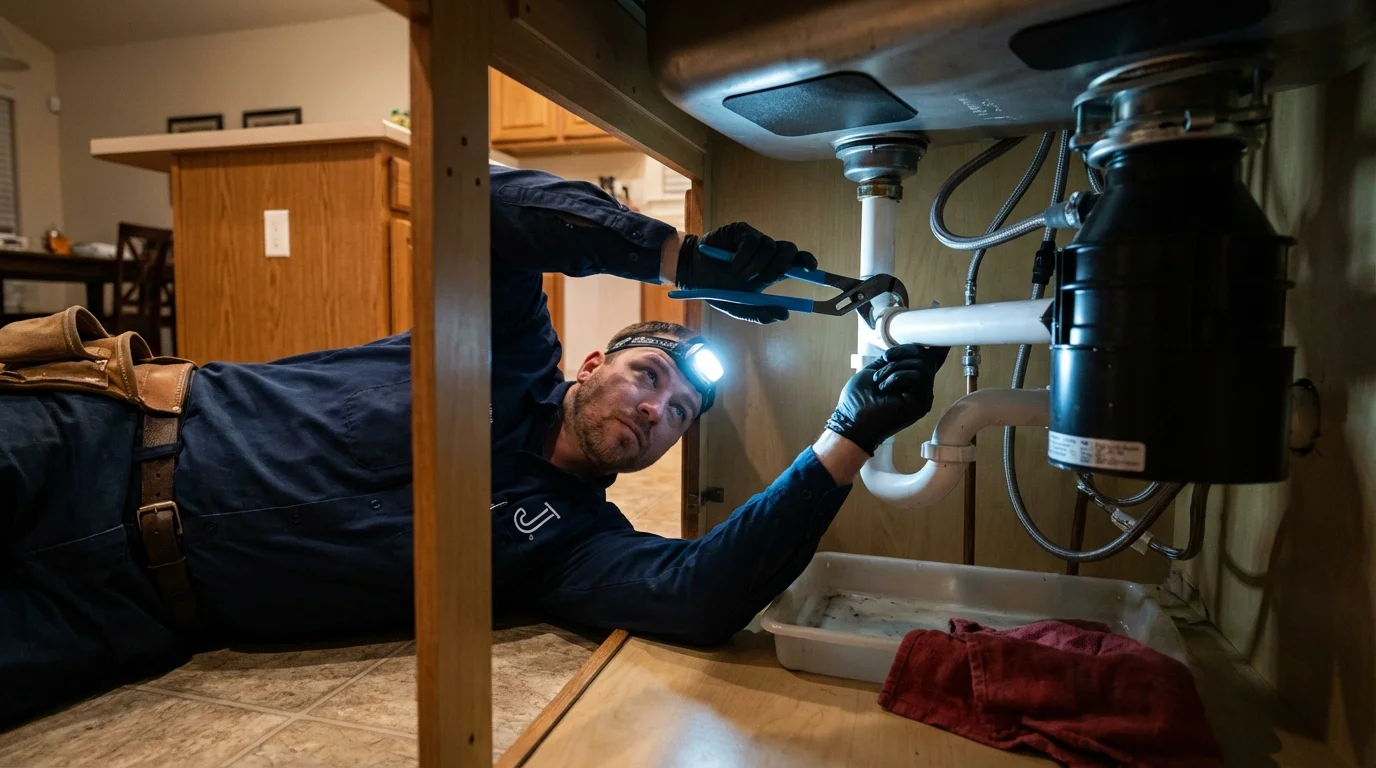 P-trap and supply line connections under a kitchen sink showing a common leak point in Catonsville, MD